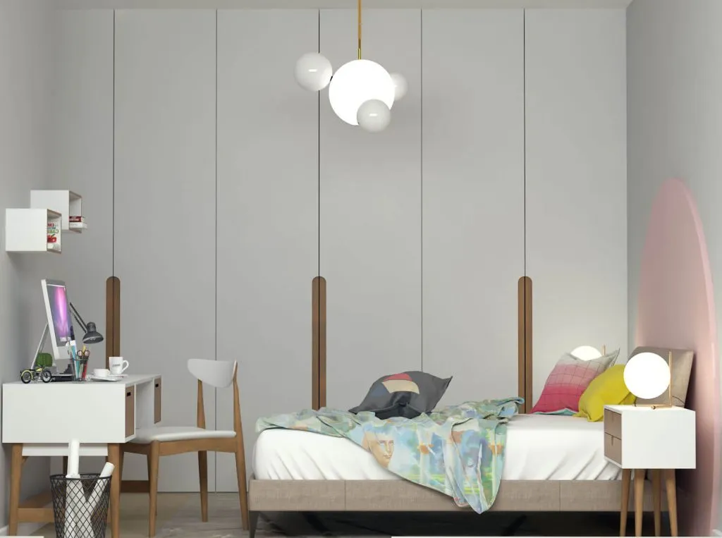 Geniş pencere, modern yatak düzeni ve dekoratif aydınlatmalarla tasarlanan genç odası renderı