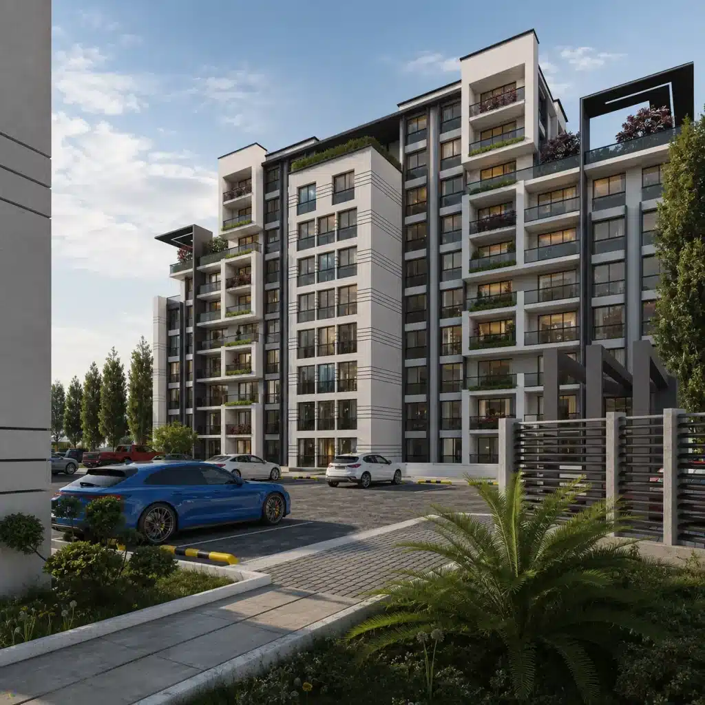 Geniş balkonları, çağdaş cephe detayları, açık otoparkı ve peyzaj alanları bulunan modern konut sitesi