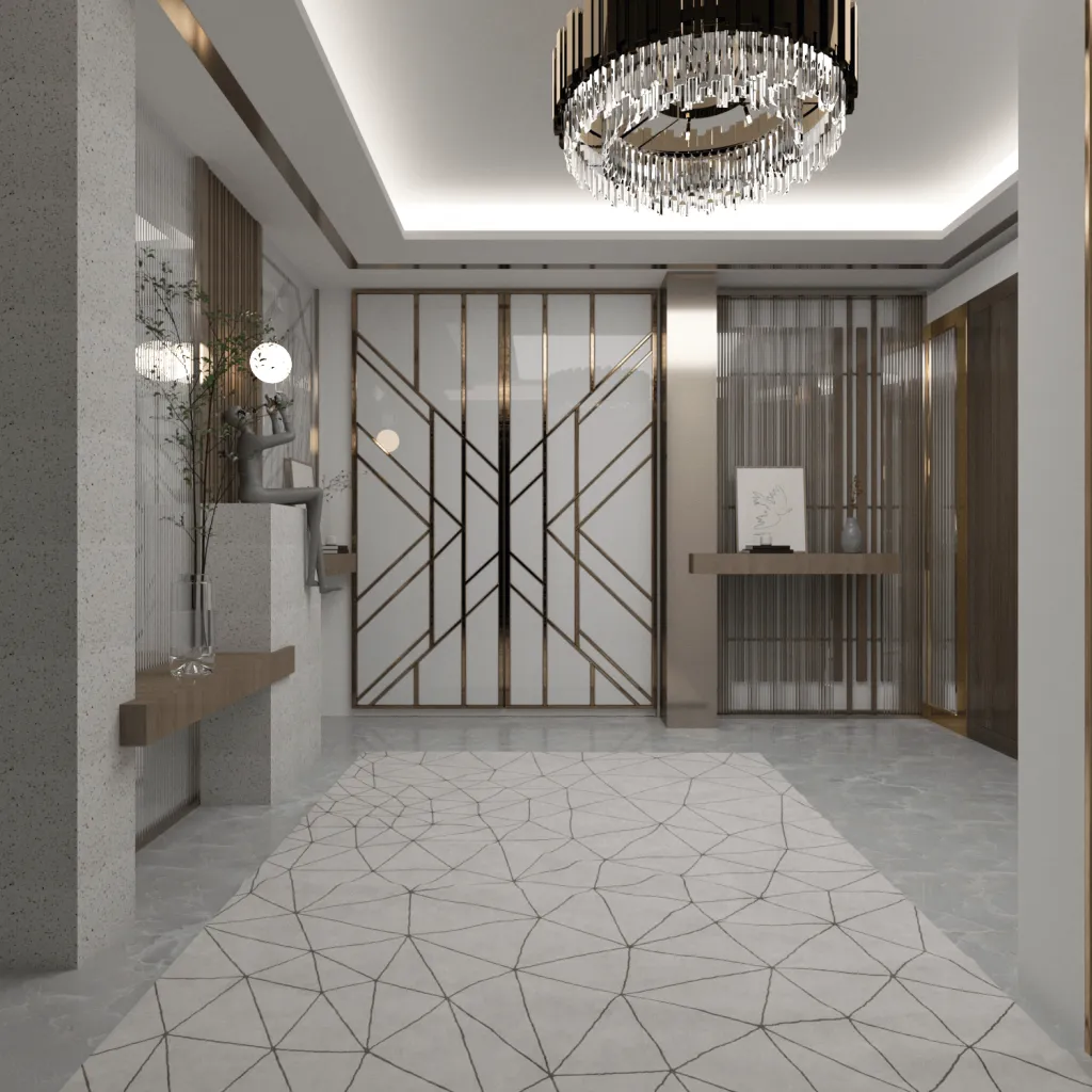 Geometrik metal bölmeler, kristal avize, mermer zemin ve dekoratif konsollarla tasarlanan modern lüks antre ve hol renderı