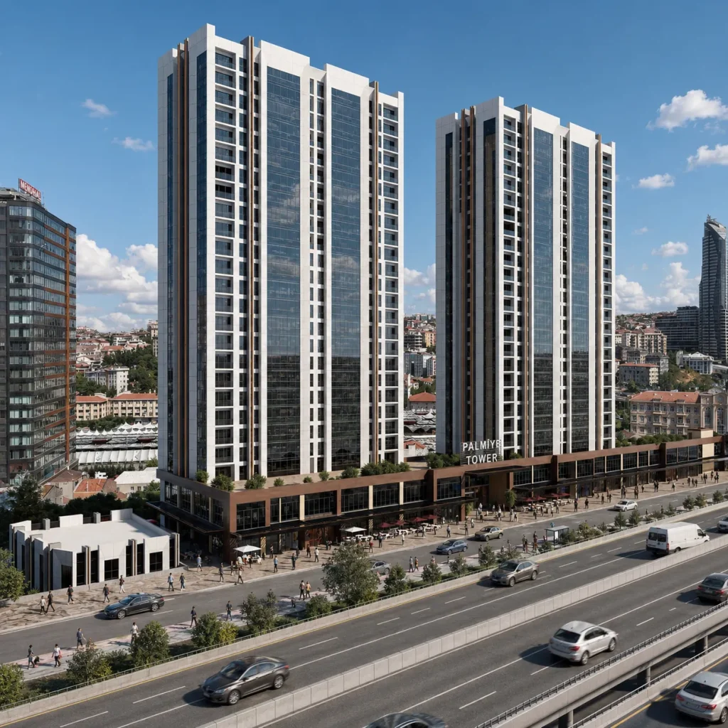 Cam cepheli iki yüksek kule, zemin kat ticari alanları ve şehir içi konumuyla modern plaza ve rezidans projesi