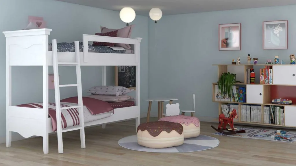 Açık mavi duvarlar, beyaz ranza, çalışma ve oyun alanıyla tasarlanan modern çocuk odası renderı