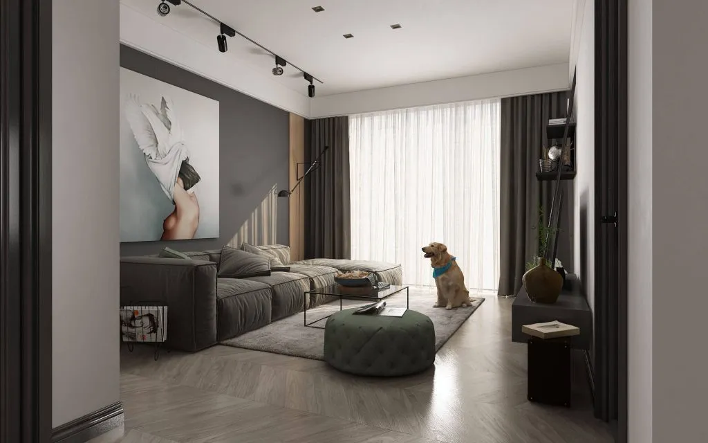 Gri tonlar, geniş pencere yüzeyi ve modern mobilyalarla tasarlanan çağdaş salon iç mekân renderı