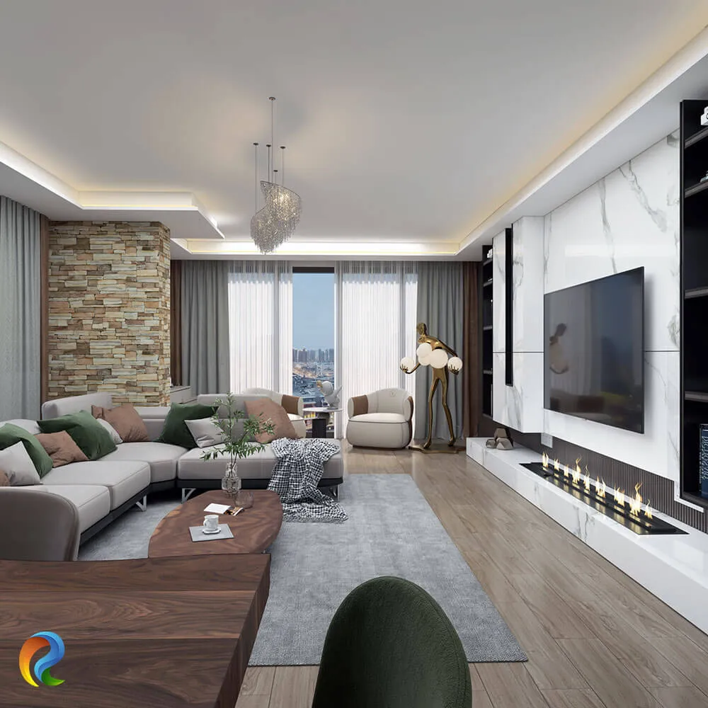 Mermer televizyon ünitesi, lineer şömine ve doğal taş kolonla tasarlanan modern salon iç mekân renderı