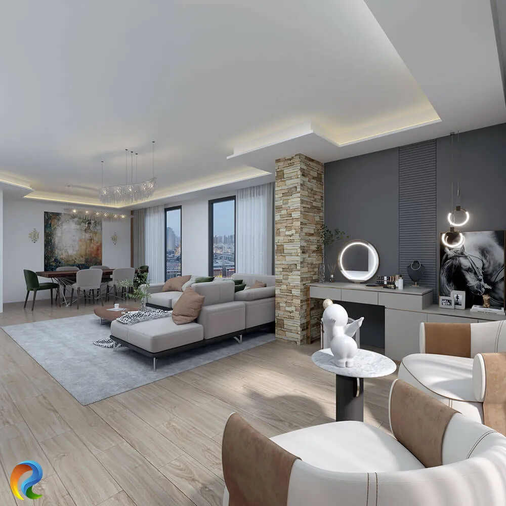 Doğal taş kolon, modern mobilyalar ve gizli aydınlatmalarla tasarlanan geniş salon ve yemek alanı