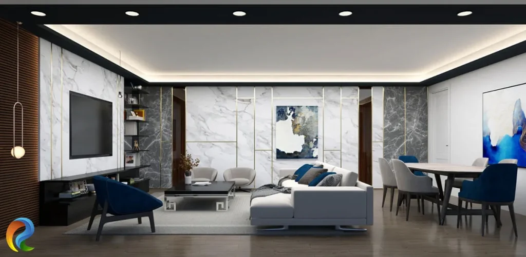 Mermer duvar kaplamaları ve lacivert detaylarla tasarlanan modern salon ve yemek alanı iç mekân renderı