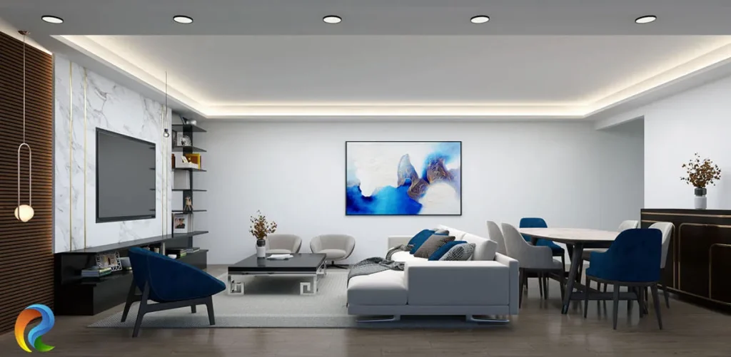 Açık renk duvarlar, mermer televizyon ünitesi ve lacivert mobilyalarla tasarlanan modern salon ve yemek odası renderı