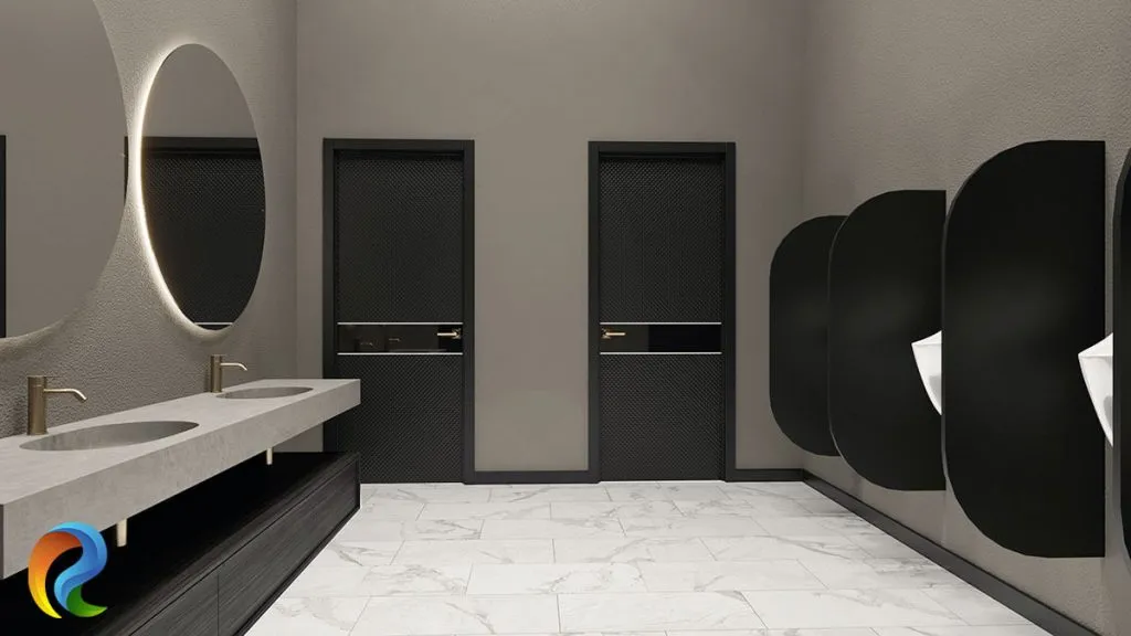 Çift lavabolu tezgâh, aydınlatmalı aynalar ve siyah bölmeli pisuvarlarla tasarlanan modern ticari WC renderı