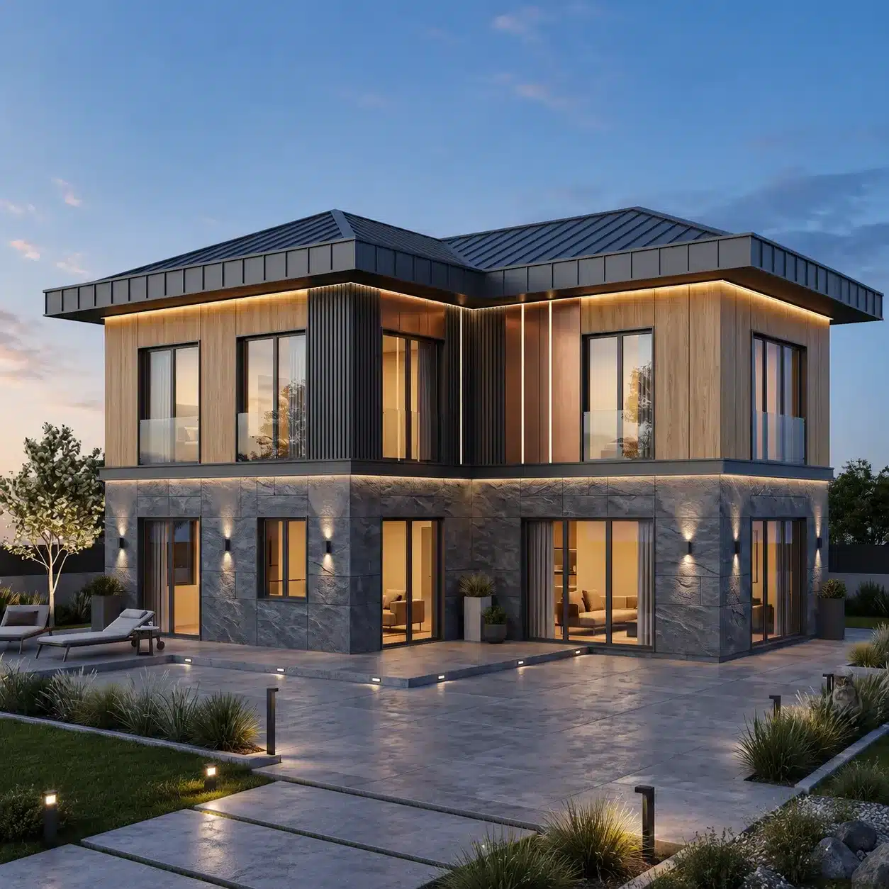 Modern villa dış cephe tasarımı ve mimari render