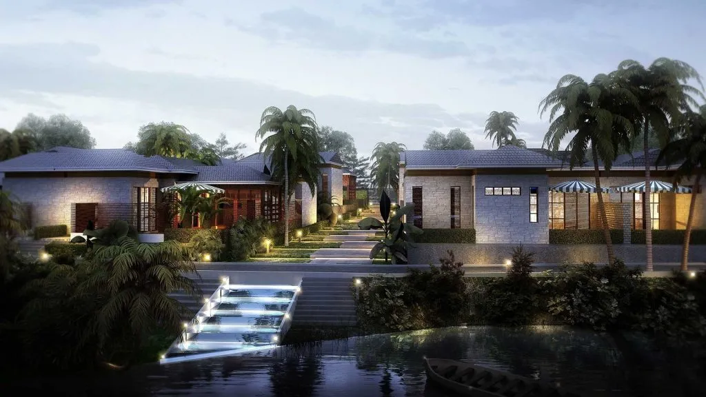 Gölet çevresinde konumlanan tek katlı villalar, aydınlatmalı basamaklar, tropikal peyzaj ve dinlenme alanları bulunan villa sitesi