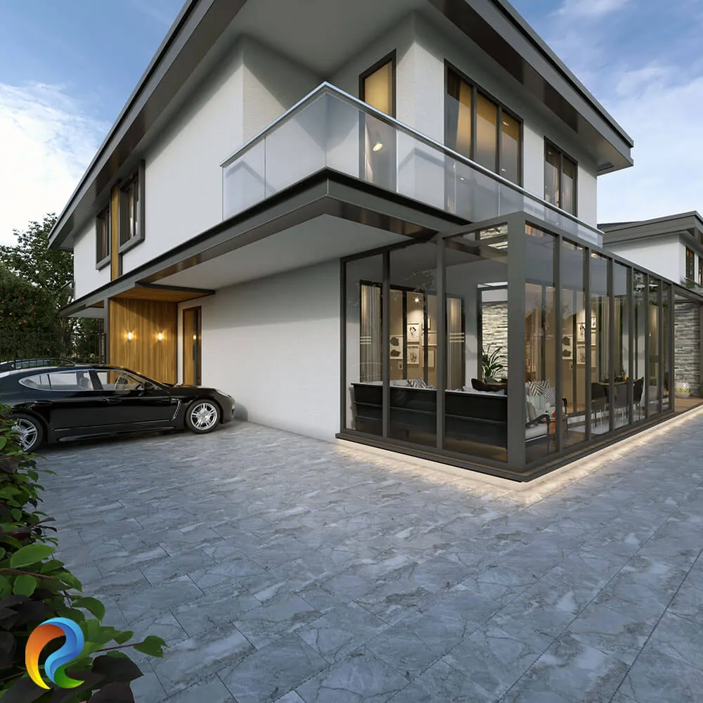Cam kış bahçesi, cam balkonları, ahşap giriş detayları ve geniş avlusu bulunan iki katlı modern villa projesi