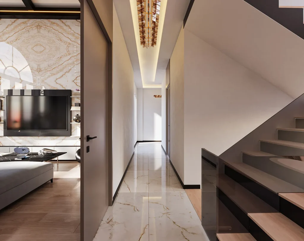 Ahşap basamaklar, mermer duvar kaplamaları ve gizli tavan aydınlatmalarıyla tasarlanan modern dubleks villa merdiveni