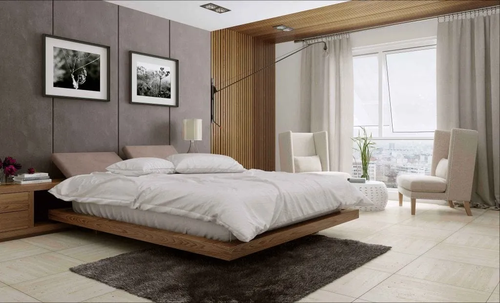 Ahşap başlık duvarı, geniş pencere açıklığı ve açık tonlu mobilyalarla tasarlanan modern yatak odası iç mekân renderı