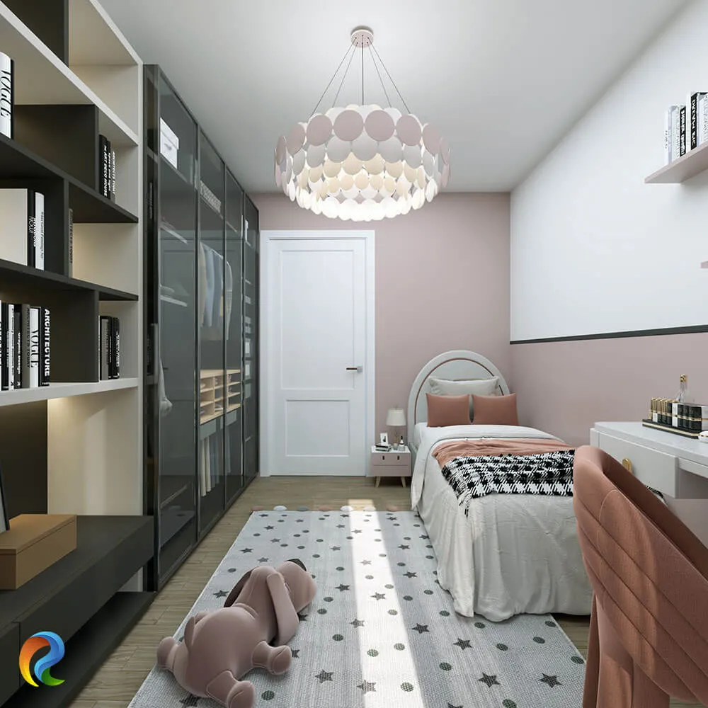 Pembe ve beyaz tonlar, cam kapaklı dolap, çalışma masası ve tek kişilik yatakla tasarlanan modern genç kız odası renderı