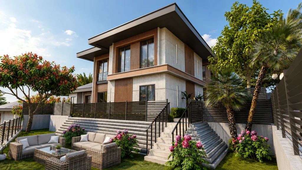 Doğal taş ve ahşap cephe detayları, geniş cam yüzeyleri, teraslı bahçesi ve tropikal peyzajı bulunan modern lüks villa