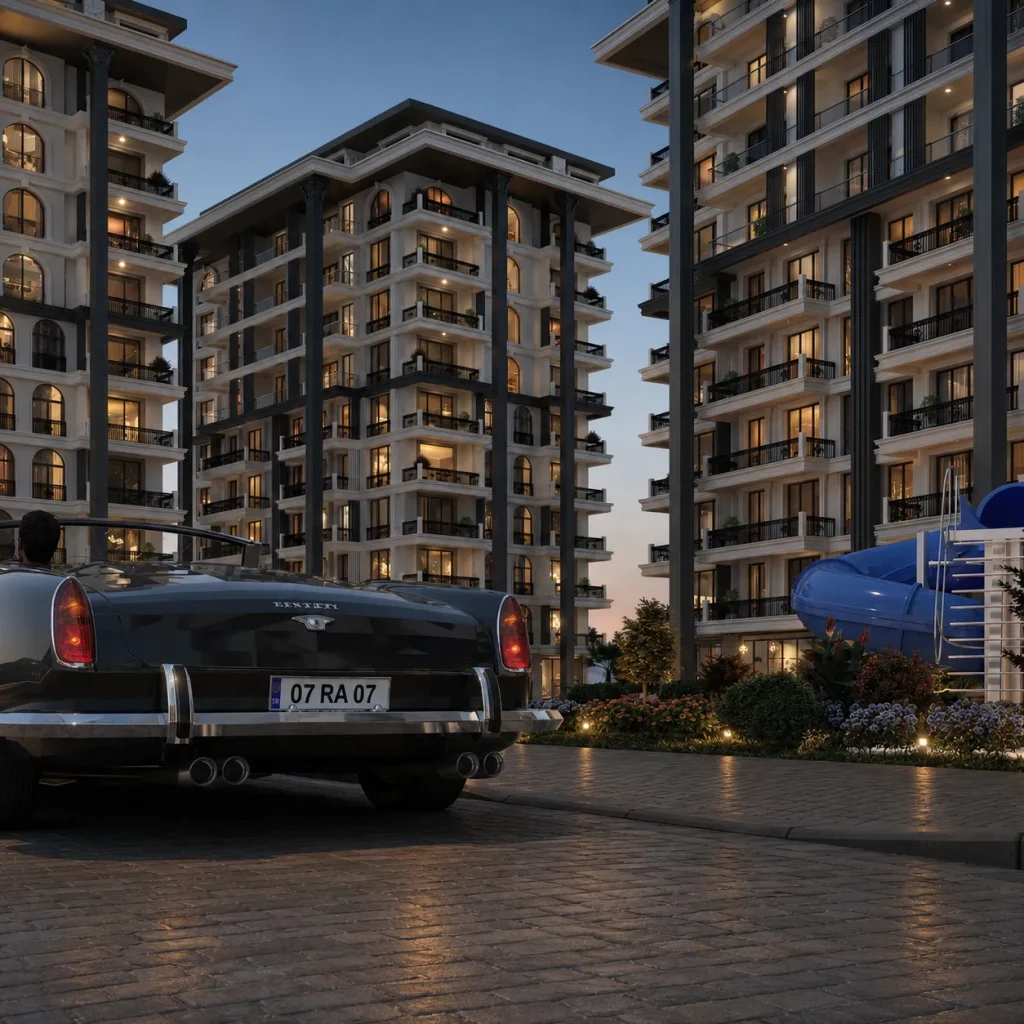 Gece aydınlatması, prekast cephe detayları, geniş balkonları ve sosyal alanları bulunan lüks konut sitesi
