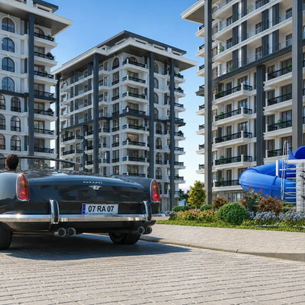 Geniş balkonları, yüzme havuzu, su kaydırağı ve peyzaj alanları bulunan lüks konut sitesi cephe tasarımı