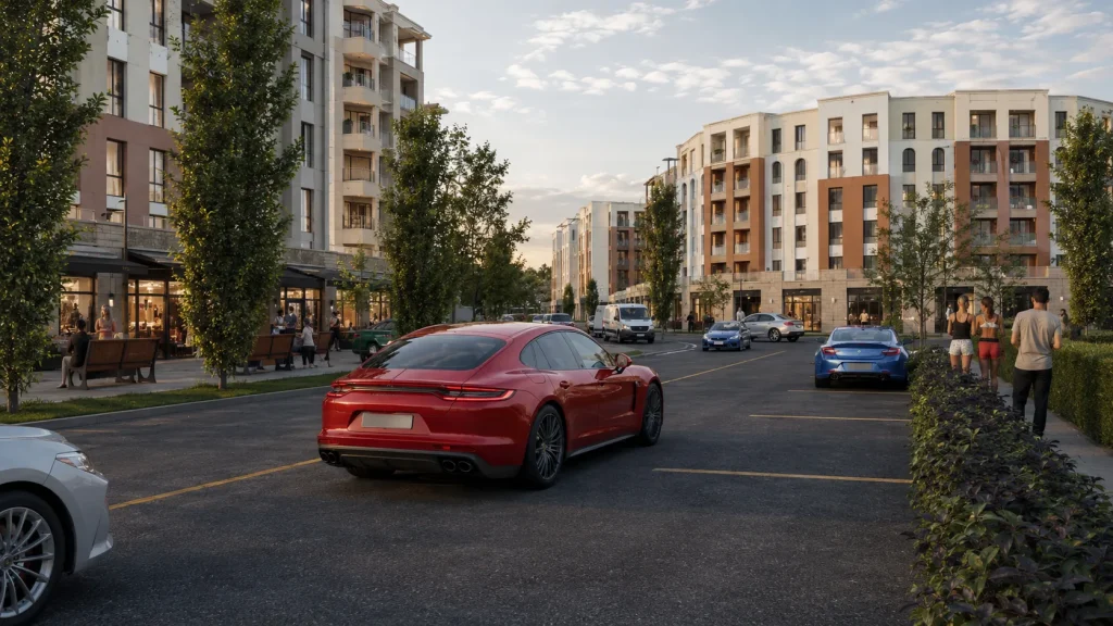 Zemin katında ticari birimler, peyzajlı yaya alanları ve otopark bulunan modern konut projesi mimari render çalışması