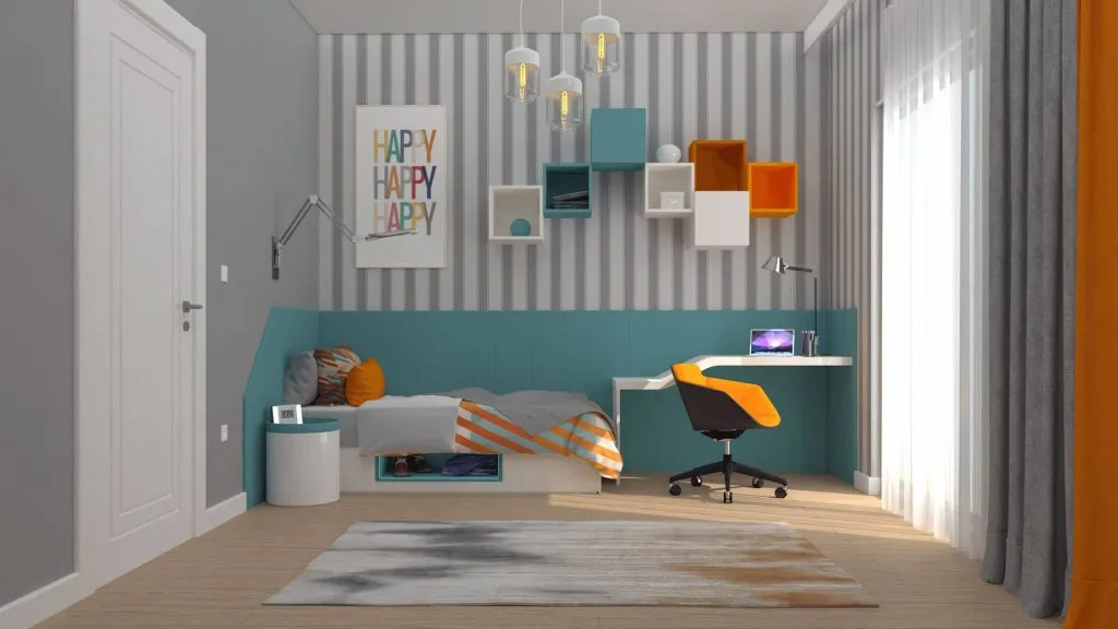 Çalışma alanı, renkli dekoratif detaylar ve modern mobilyalarla tasarlanan çocuk odası renderı