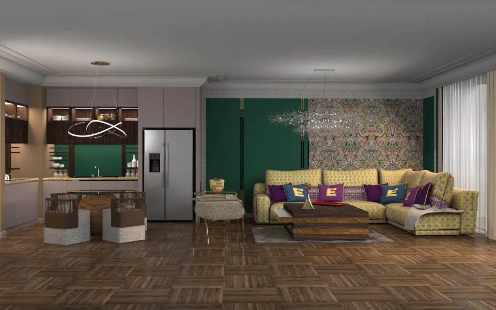 Yeşil duvar panelleri, desenli köşe koltuk ve açık mutfak düzeniyle tasarlanan modern salon iç mekân renderı