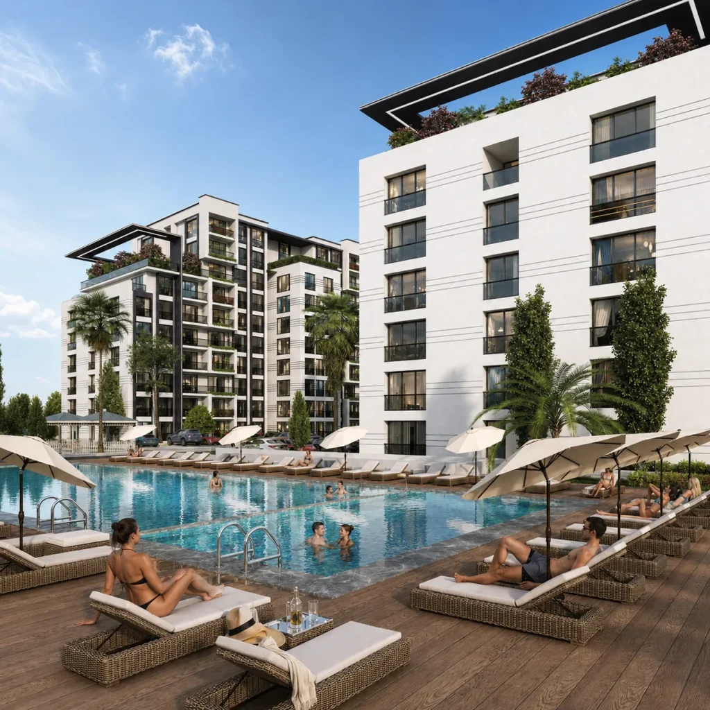 Yüzme havuzu, güneşlenme alanları ve modern apartman blokları bulunan konut sitesi dış cephe tasarımı
