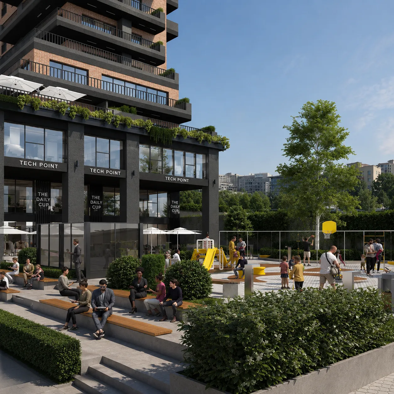 Ticari alan, oturma bölümleri ve çocuk oyun alanı bulunan modern konut sitesi sosyal alan tasarımı