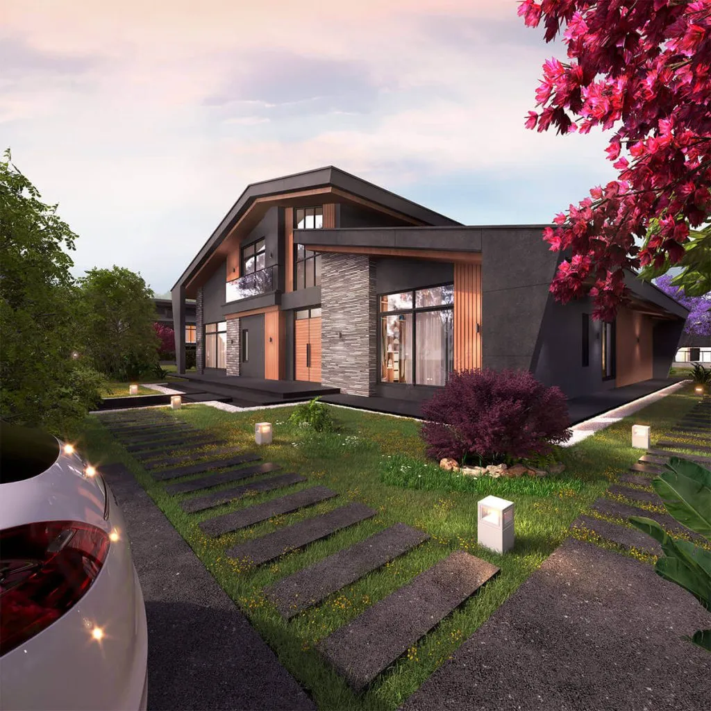 Doğal taş ve ahşap cephe detayları, geniş cam yüzeyleri ve peyzajlı bahçesi bulunan modern villa projesi