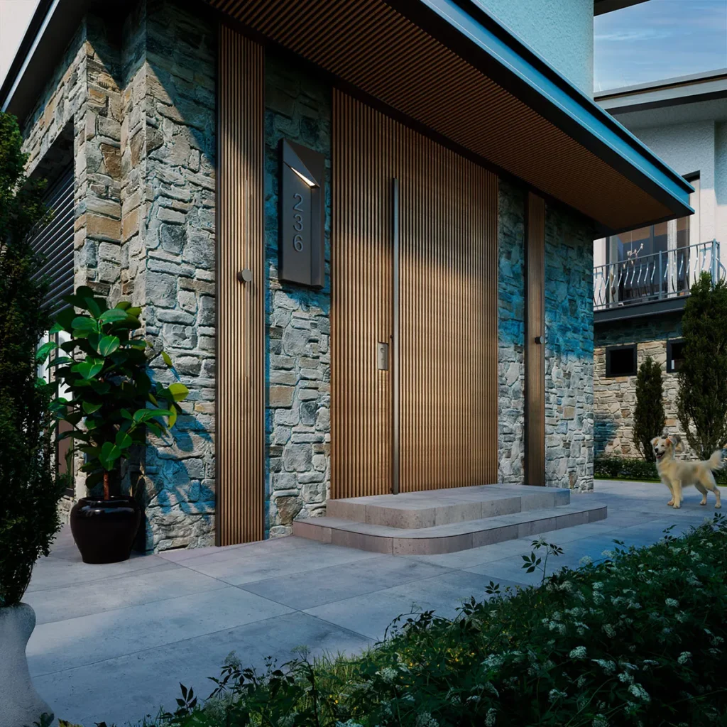 Doğal taş duvarları, dikey ahşap kaplamaları, geniş saçakları ve peyzajlı giriş alanı bulunan modern villa tasarımı