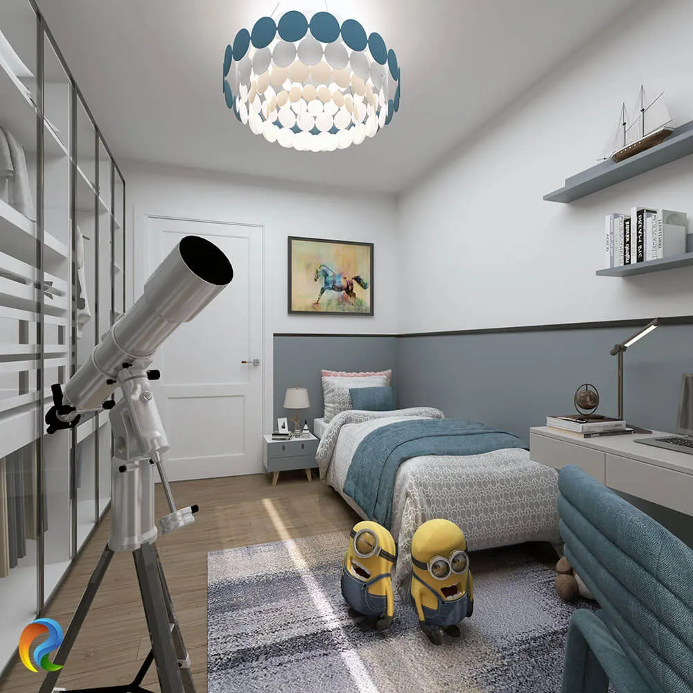 Teleskop, çalışma masası, cam kapaklı dolap ve mavi tonlarla tasarlanan modern erkek çocuk odası iç mekân renderı