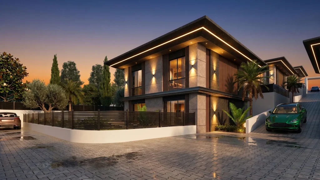 Geniş cam yüzeyleri, taş ve ahşap cephe detayları, terası ve dekoratif LED aydınlatmaları bulunan modern lüks villa