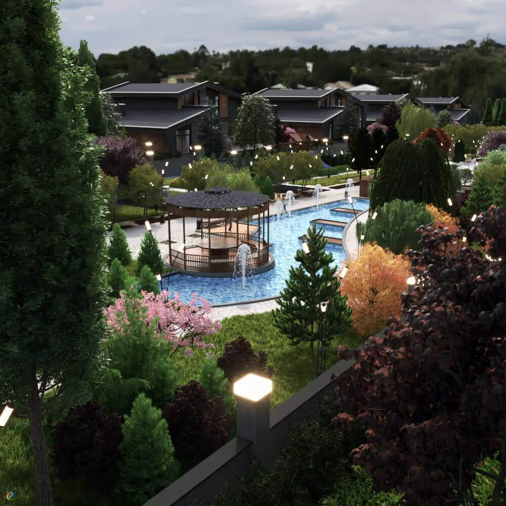 Yüzme havuzu, ahşap kamelya, yürüyüş yolları ve yoğun bitkilendirme bulunan modern villa sitesi peyzaj tasarımı