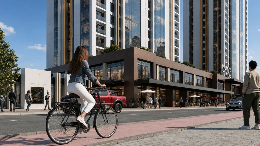 Kentsel meydan ve modern yüksek binalarla çevrili alışverişten kafe-restaurantlere açık yerleşim. Önde bisiklet süren kadın, yürüyen insanlar ve dış mekân oturma